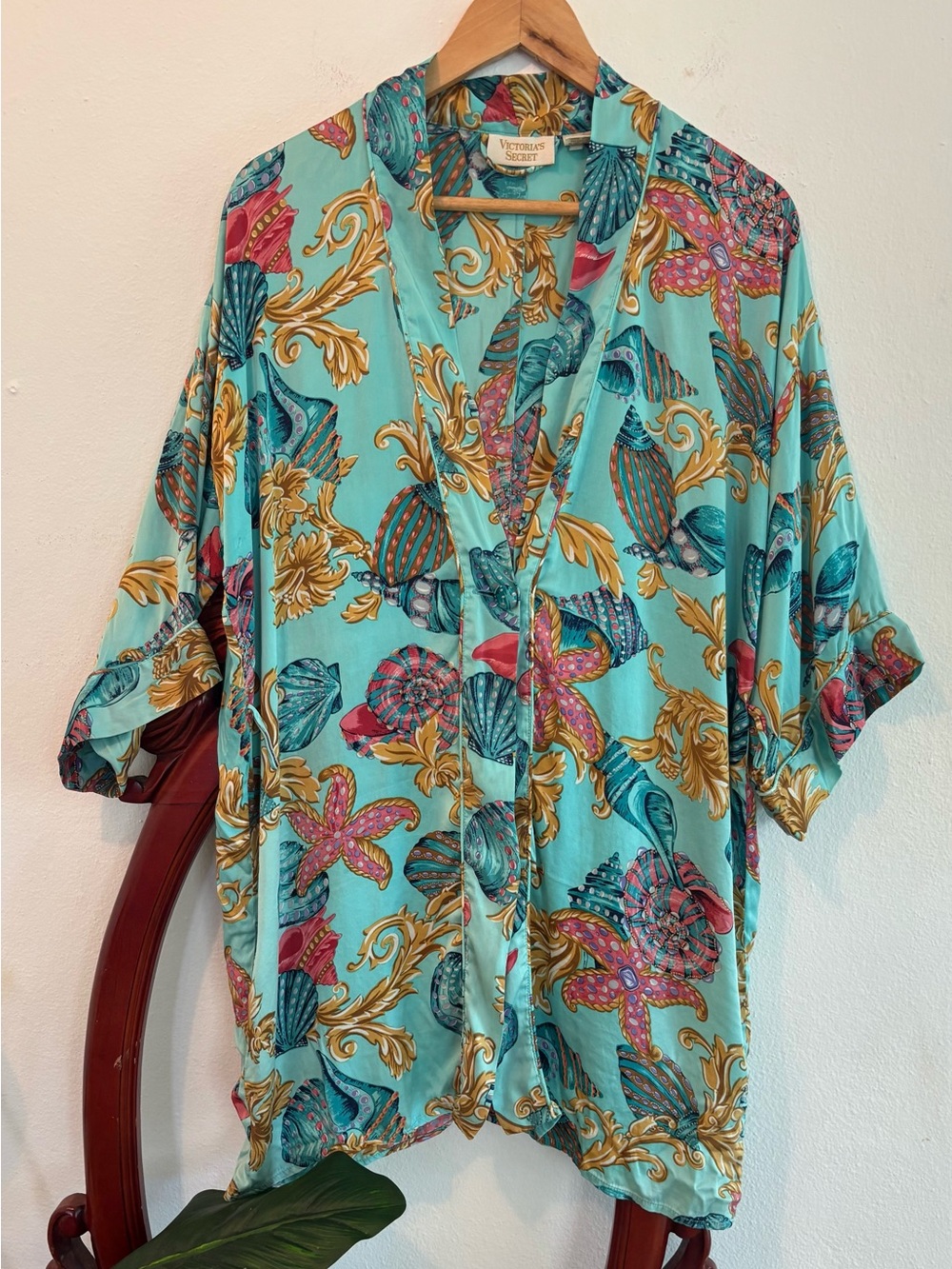 Victoria's Secret Gold Label Aqua Seashell & Starfish One Size Silk Robe